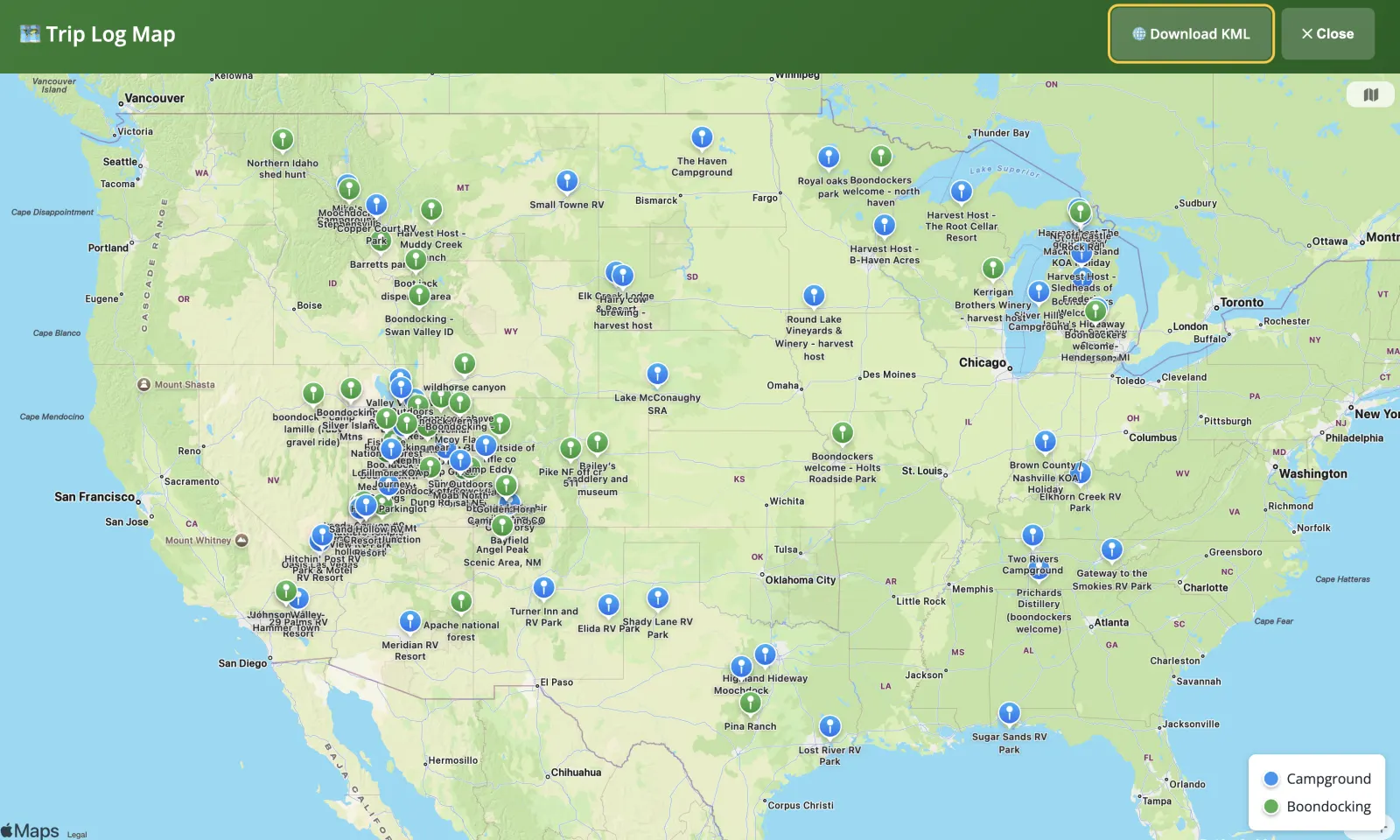 RV Log trip map showing campground and boondocking stays across the United States